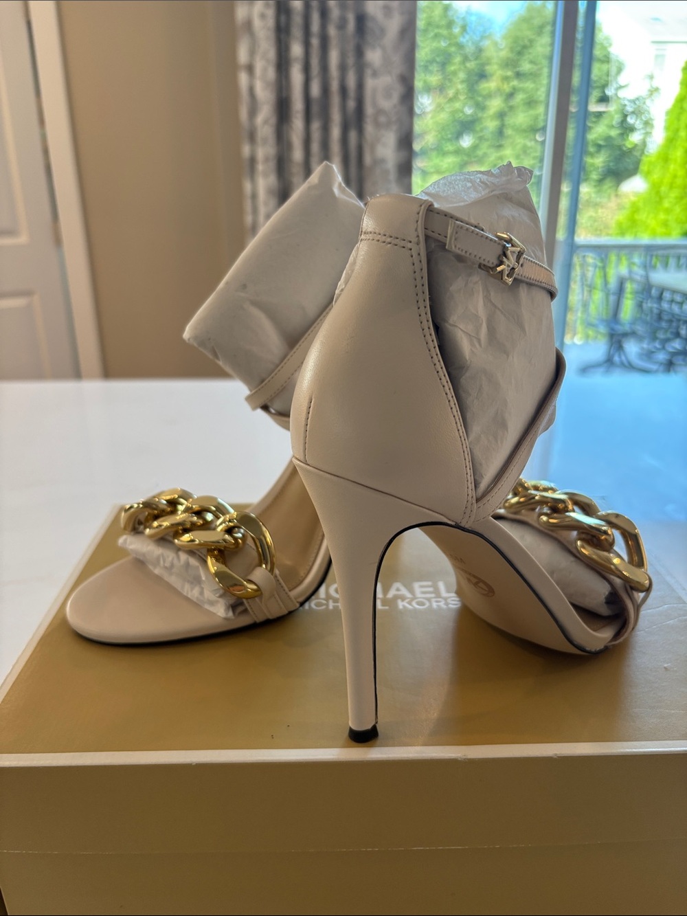 Michael Kors Cream Stiletto Sandal with Gold Chain Accent - Picture 6 of 9